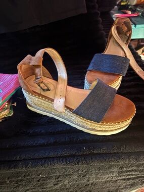 Wedge Espadrille Sandals in Brown and Denim